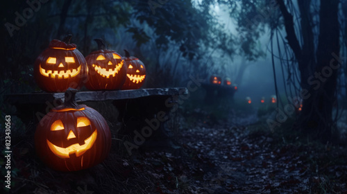 A spooky forest sunset bathes the scene in eerie light, with the evil glow of Jack O' Lanterns' eyes illuminating the left side of a wooden bench on this scary Halloween nigh © Thirawat