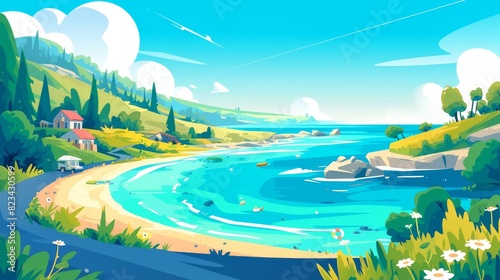 Landscape with sunny day and cozy suburban or village homes on cliff beach  asphalt road  and trees in forest on the shore of a river or sea. Cartoon modern illustration.