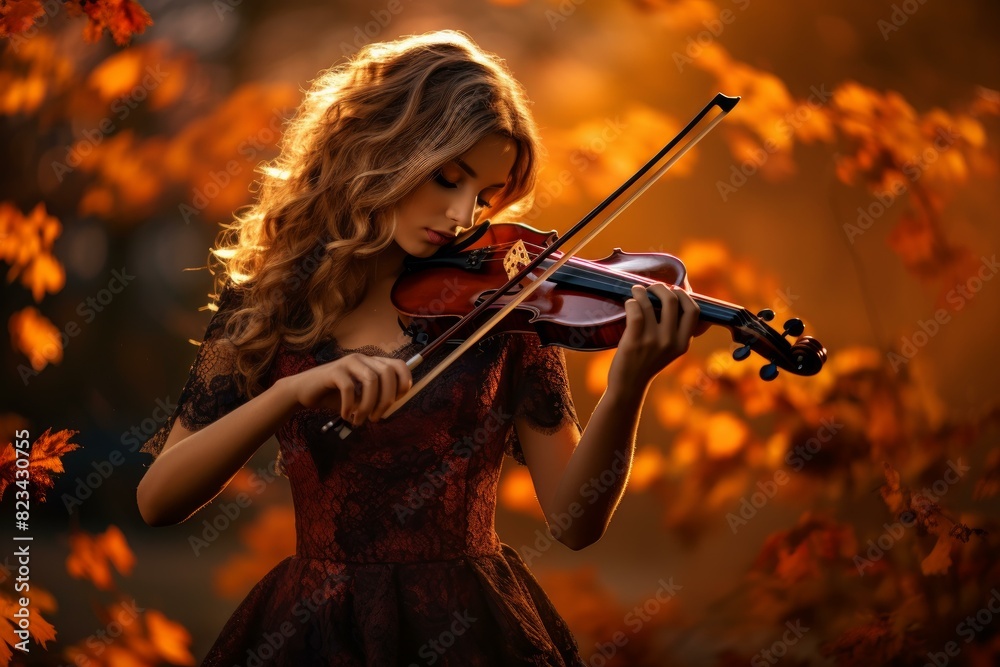 Fototapeta premium Woman in a red dress plays the violin among vibrant autumn leaves, evoking a serene musical atmosphere