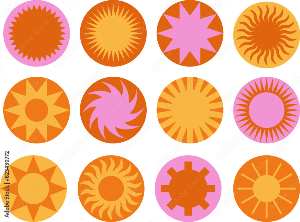 Set of sticker circle with geometric sun and stars. Retro modern round with abstract starburst figures.