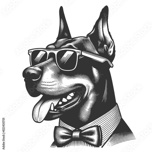 happy dog Dobermann sporting stylish sunglasses, exuding a cool and carefree vibe sketch engraving generative ai vector illustration. Scratch board imitation. Black and white image.