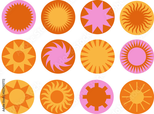 Set of sticker circle with geometric sun and stars. Retro modern round with abstract starburst figures.