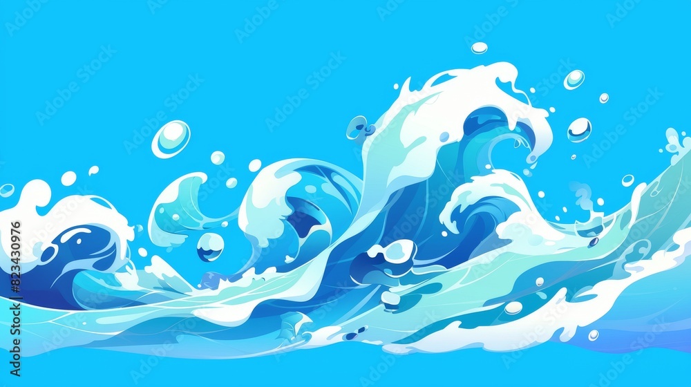 A cartoon water splash and surf wave effect. Liquid swirl effect with spray and drops. Blue stream flow for animations and games. Tidal flood falling with foam and ripples. A cartoon water splash and surf wave effect. Liquid swirl effect with spray and drops. Blue stream flow for animations and games. Tidal flood falling with foam and ripples.