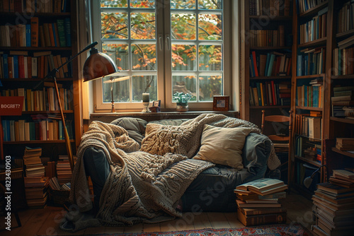 A cozy reading nook with a floor lamp and a pile of books