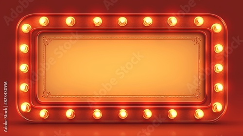 The retro red frame with light bulbs is accompanied by a realistic modern illustration of a sign banner with lamps in the shape of a heart, circle, and rectangle. The border and signboard template