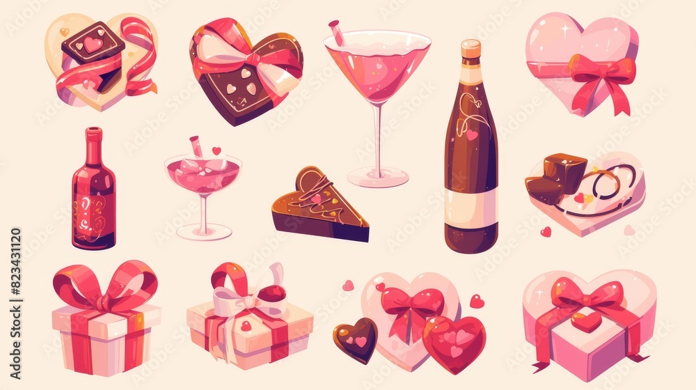 A romantic gifts set isolated on white background with sweet chocolate candy, a cocktail glass, red ribbon bow on a pink heart-shaped box, a wine bottle, and elements of a romantic date. A romantic gifts set isolated on white background with sweet chocolate candy, a cocktail glass, red ribbon bow on a pink heart-shaped box, a wine bottle, and elements of a romantic date.