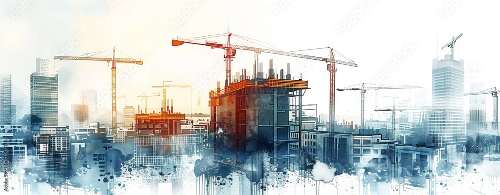 A modern building under construction with cranes and workers A modern building under construction with cranes and workers