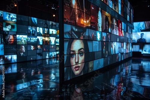 A wall of multiple television screens displays various media content. The images include news, sports events, and fashion shows