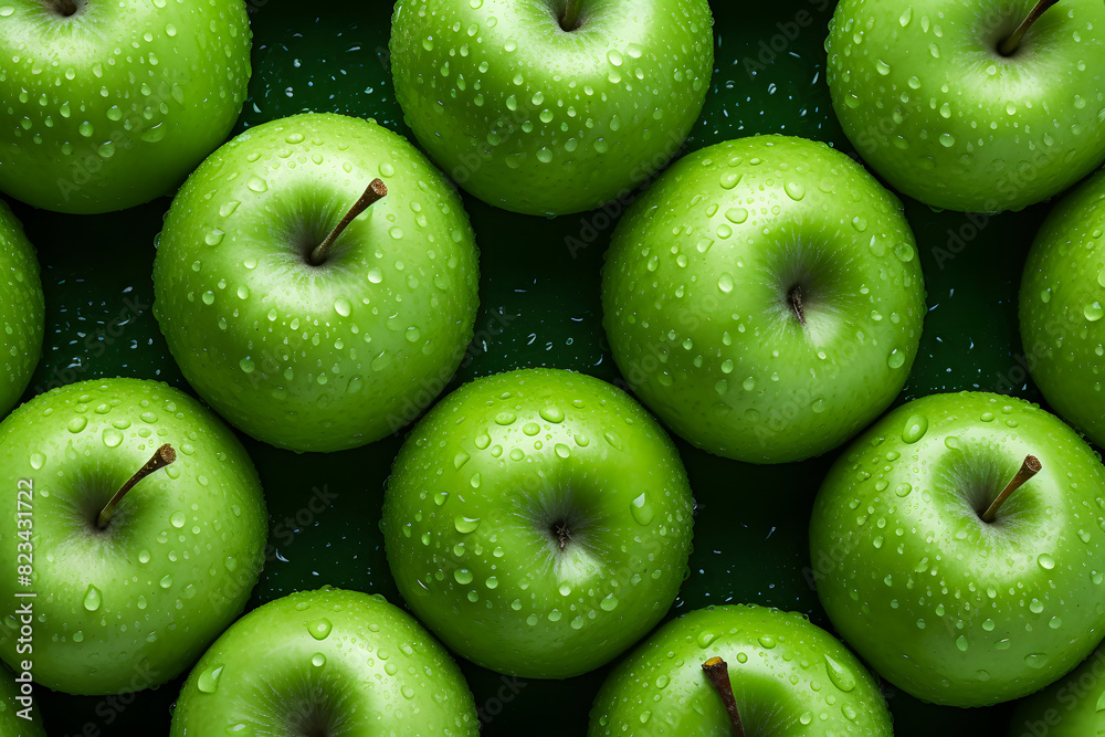 Fresh green apple background pattern close up, top view., photography, realistic style, many large, bright, juicy, beautiful, ripe Fresh green apple background pattern close up, top view., photography, realistic style, many large, bright, juicy, beautiful, ripe