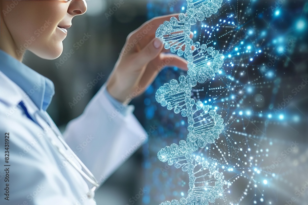 View of a Doctor touching DNA structure View of a Doctor touching DNA structure