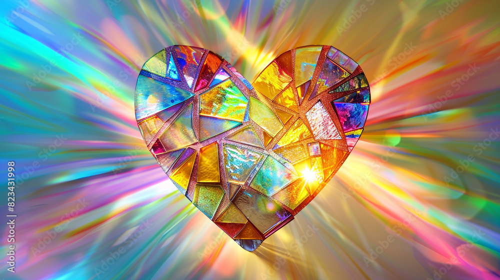 A heart symbol made from a mosaic of rainbow-colored glass shards, shining against a background that shifts through a smooth rainbow gradient. A heart symbol made from a mosaic of rainbow-colored glass shards, shining against a background that shifts through a smooth rainbow gradient.