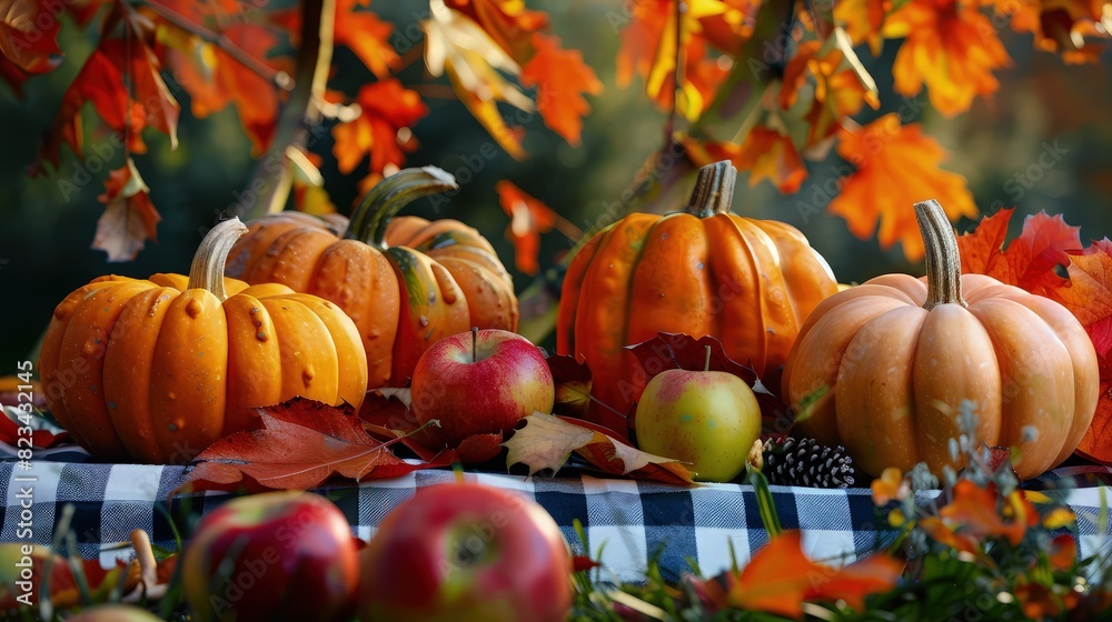 A festive Halloween pumpkin enjoy picnic party in the green field on the colorful mat with dry autumn dry leaf background A festive Halloween pumpkin enjoy picnic party in the green field on the colorful mat with dry autumn dry leaf background