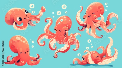 Childish octopus cartoon character swimming underwater with bubbles. Cartoon modern illustration set. Funny aquatic animal.