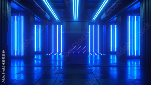 dark room  where the vibrant blue neon light sets the stage for an otherworldly experience. This vector illustration portrays an empty  yet visually dynamic 