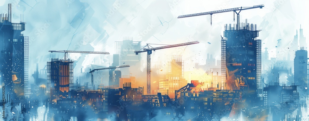 abstract illustration of a construction site with cranes and workers, in the background are modern city buildings, the color palette uses light blue shades