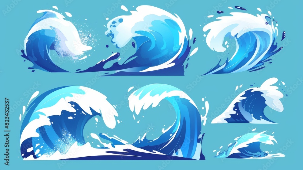 The waves splashing in the ocean. Cartoon sea surf modern icon. Summer summer game graphic with liquid drop streams. Isolated high falling tsunami swirl vfx. Storm motion clipart for illustrations of The waves splashing in the ocean. Cartoon sea surf modern icon. Summer summer game graphic with liquid drop streams. Isolated high falling tsunami swirl vfx. Storm motion clipart for illustrations of