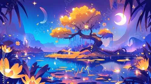 An enchanted enchanted garden with strange alien lights and a forest of dark night trees and flowers. Funny cartoon illustration of a magical enchanted garden with glowing yellow and orange trees and
