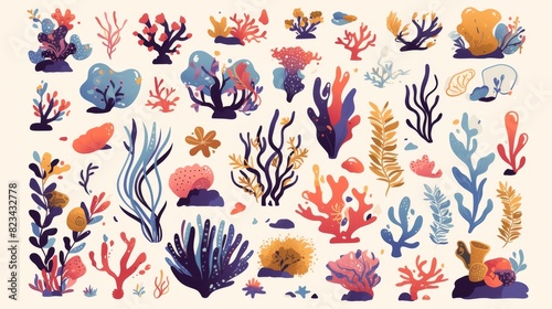 A modern illustration set of seaweed and coral. Bright tropical underwater plants and creatures scattered on sand. A collection of marine bottom flora and fauna.