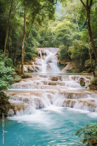 A breathtaking waterfall amidst lush greenery  cascading into serene pools under a soft  ethereal light