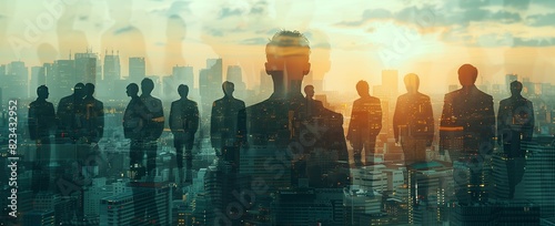 Double exposure of business people and cityscape, double exposure with silhouette figures in front view