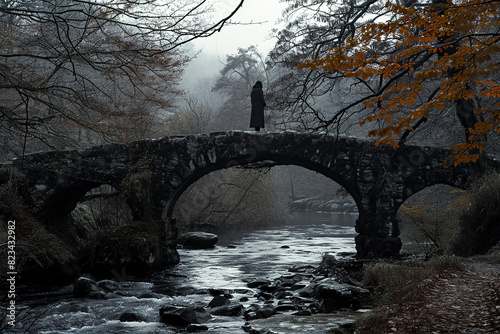 A person stands on a stone bridge over a stream, surrounded by misty, autumn-colored trees creating a serene atmosphere photo