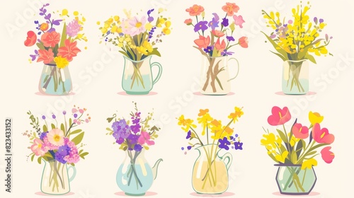 A set of fresh cut floral bouquets in transparent jugs with water isolated on white background, an ideal holiday gift, romantic gift, home decor or gift idea.