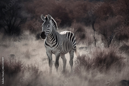 A serene zebra stands in tall grass  with ethereal lighting and trees creating a peaceful  mysterious backdrop