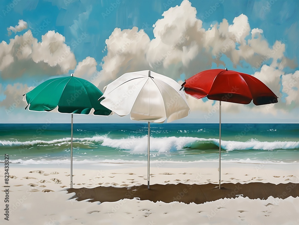 Vibrant Beach Scene with Three Colorful Umbrellas, Blue Sky, and Gentle Ocean Waves Vibrant Beach Scene with Three Colorful Umbrellas, Blue Sky, and Gentle Ocean Waves