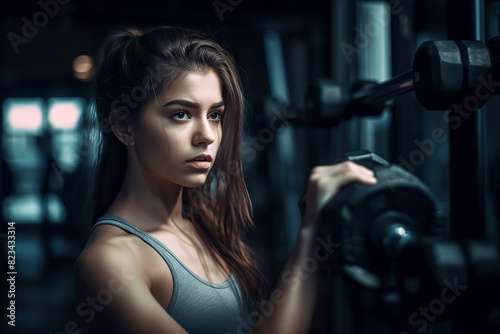 A woman is holding a weight bar in a gym. She is wearing a grey tank top and has a serious expression on her face