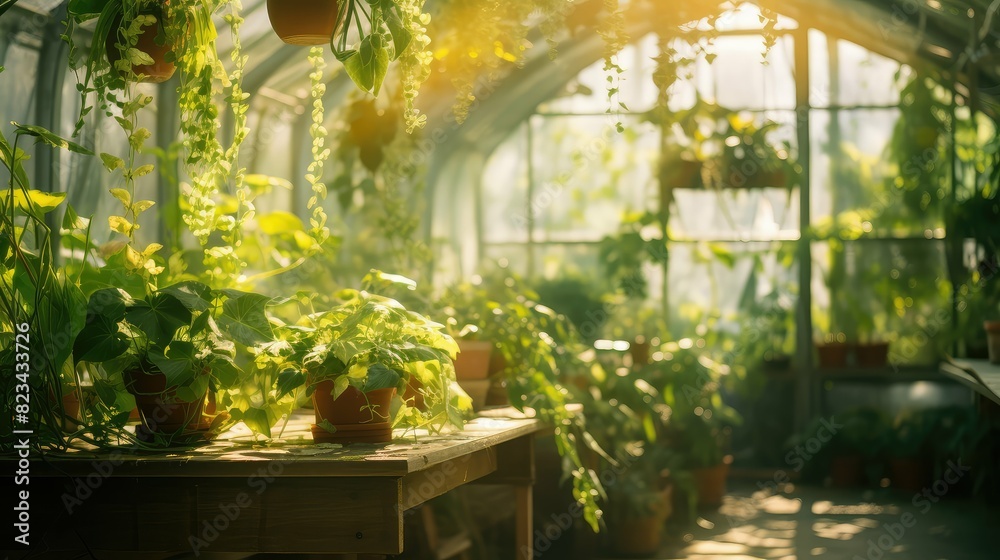 foliage blurred greenhouse interior