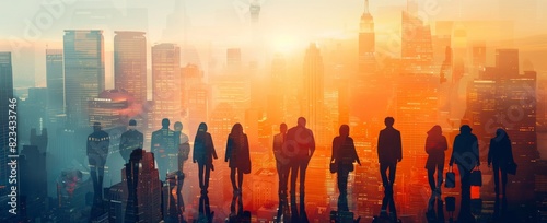 silhouettes of business people standing in front of cityscape background with double exposure effect