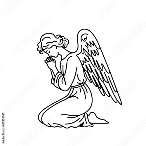 vector illustration of angel with wings isolated on transparent background. Kneeling angel line art vector illustration. 