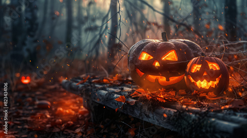 In the midst of a haunted forest at sunset, the sinister glow of Jack O' Lanterns' eyes casts an ominous light on a wooden bench, setting the stage for a terrifying Halloween night  photo