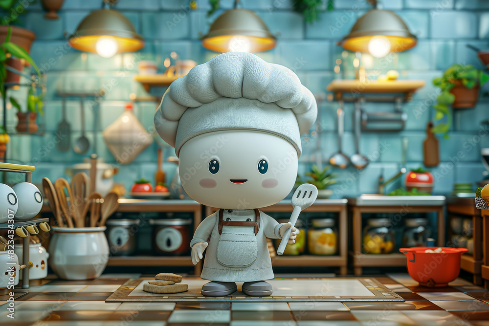 Cute cartoon chef, wearing a tall hat, holds a spatula in a charmingly whimsical kitchen under warm lighting