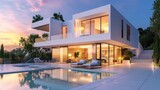 Modern minimalist private house exterior with pool at evening sunset. Generated AI image