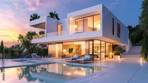 Modern minimalist private house exterior with pool at evening sunset. Generated AI image © Leafart