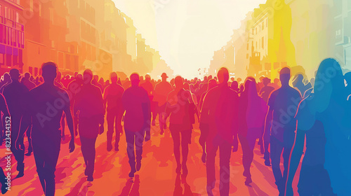Empowering Diversity - Silhouette of Mixed Colorful Crowd Moving Forward in Demonstration of Strength, Courage, and Sociology