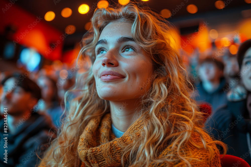 Young woman with curly blonde hair, wearing a cozy sweater, gazes up with a smile as she enjoys a film in a bustling cinema theatre Young woman with curly blonde hair, wearing a cozy sweater, gazes up with a smile as she enjoys a film in a bustling cinema theatre