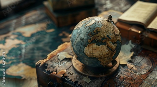 Vintage globe on a wooden table for history or travel themed designs