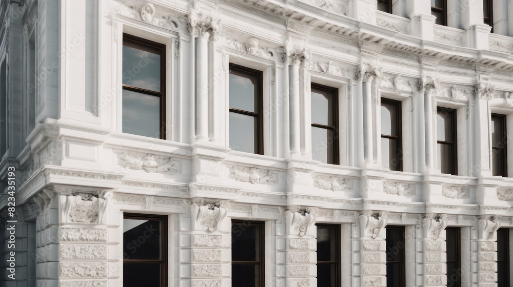 Close-up of the facade of a building with white columns. Close-up of the facade of a building with white columns.