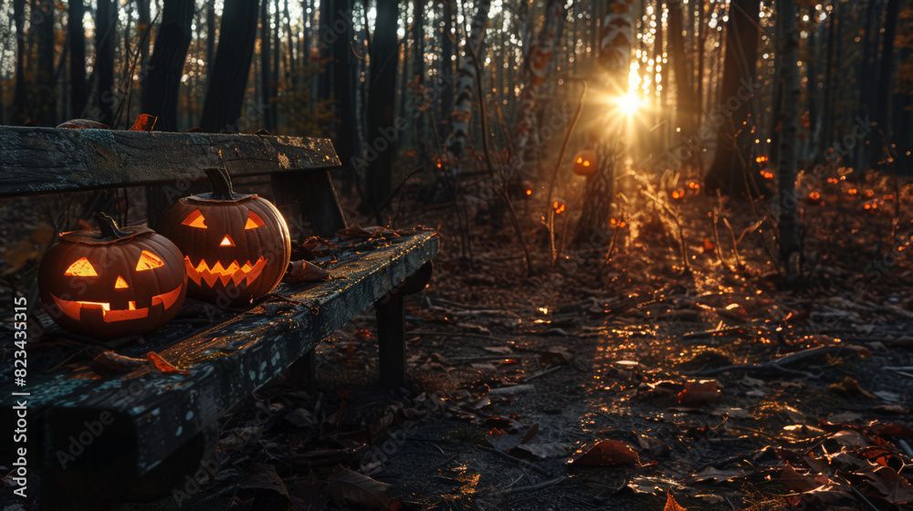 The spooky forest sunset casts long shadows, while the evil, glowing eyes of Jack O' Lanterns on the left of a wooden bench add to the terror of this Halloween night The spooky forest sunset casts long shadows, while the evil, glowing eyes of Jack O' Lanterns on the left of a wooden bench add to the terror of this Halloween night