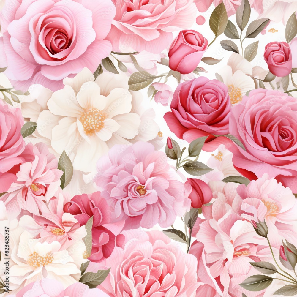 Beautiful seamless floral pattern featuring pink and white roses and peonies, perfect for wallpapers, textiles, and backgrounds. Beautiful seamless floral pattern featuring pink and white roses and peonies, perfect for wallpapers, textiles, and backgrounds.