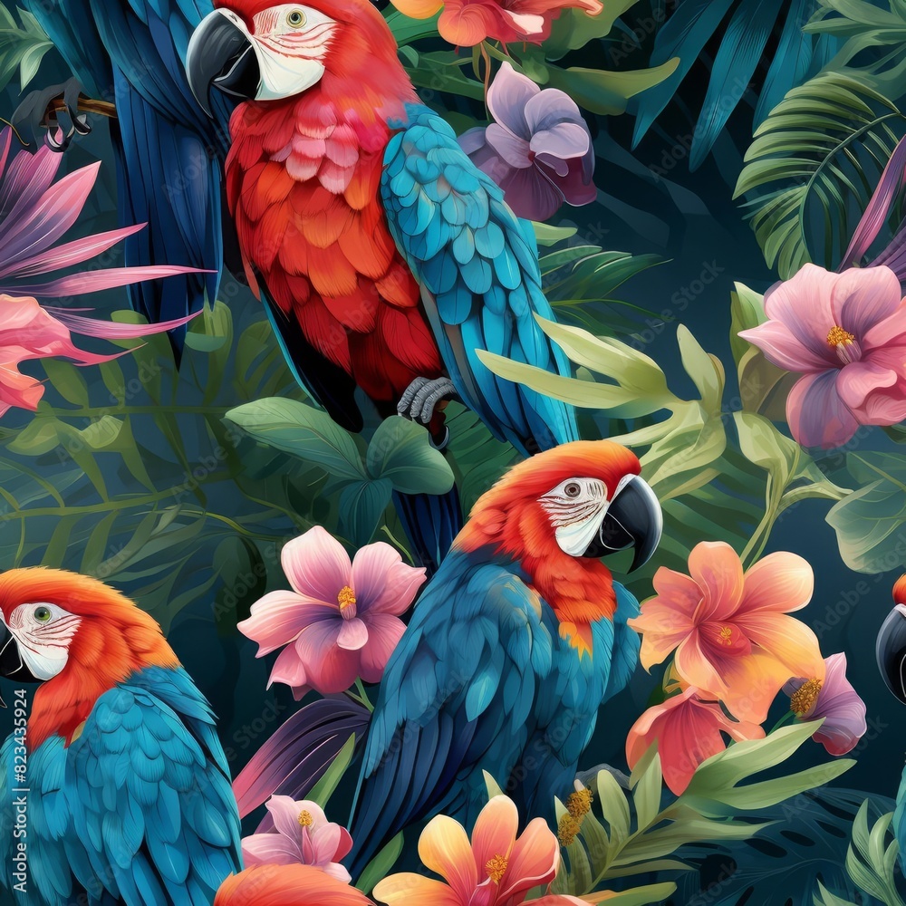 Obraz premium Colorful parrots and tropical flowers create a vibrant jungle-themed pattern ideal for backgrounds and decorative designs.