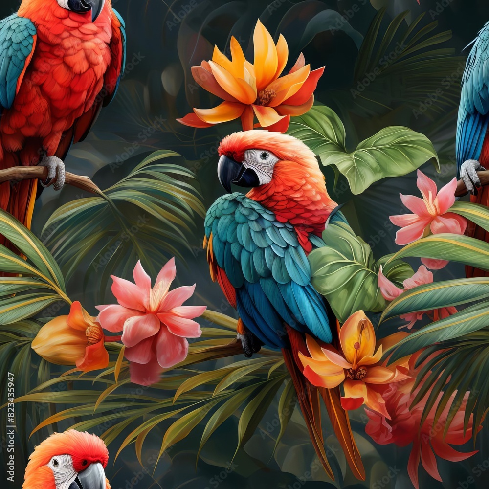 Fototapeta premium Colorful parrots perched on branches in a tropical forest with vibrant flowers and lush green foliage in the background.