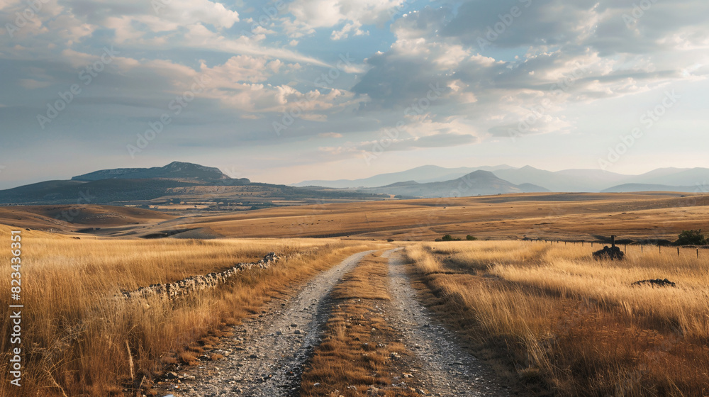Golden field dirt road landscape. Scenic view of a winding dirt road through a golden field, leading towards distant mountains under a cloudy sky.