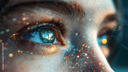 A close-up of a person's eyes, with a digital overlay suggesting the transmission of thoughts, symbolizing telepathic communication. photo