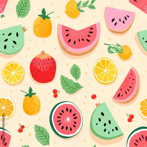 This is a seamless pattern of various fruits