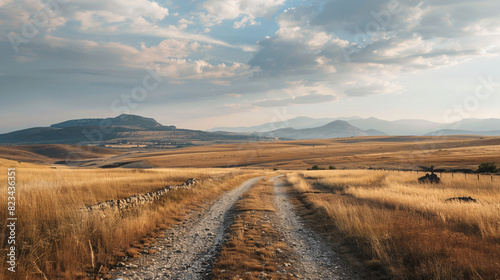 Golden field dirt road landscape. Scenic view of a winding dirt road through a golden field, leading towards distant mountains under a cloudy sky.