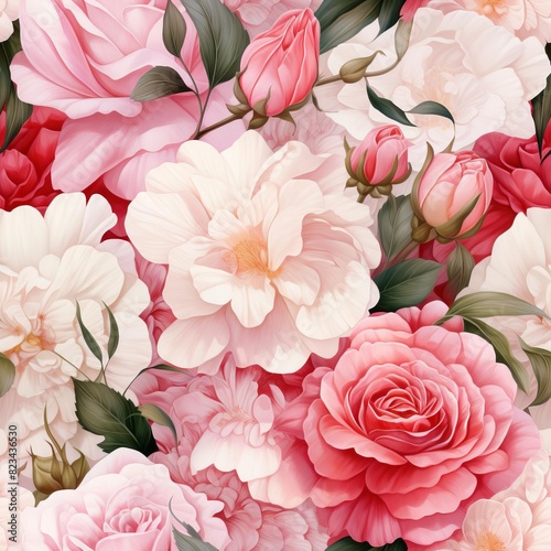 A vibrant assortment of blooming pink and white flowers with green leaves, showcasing natural beauty and delicate petals.