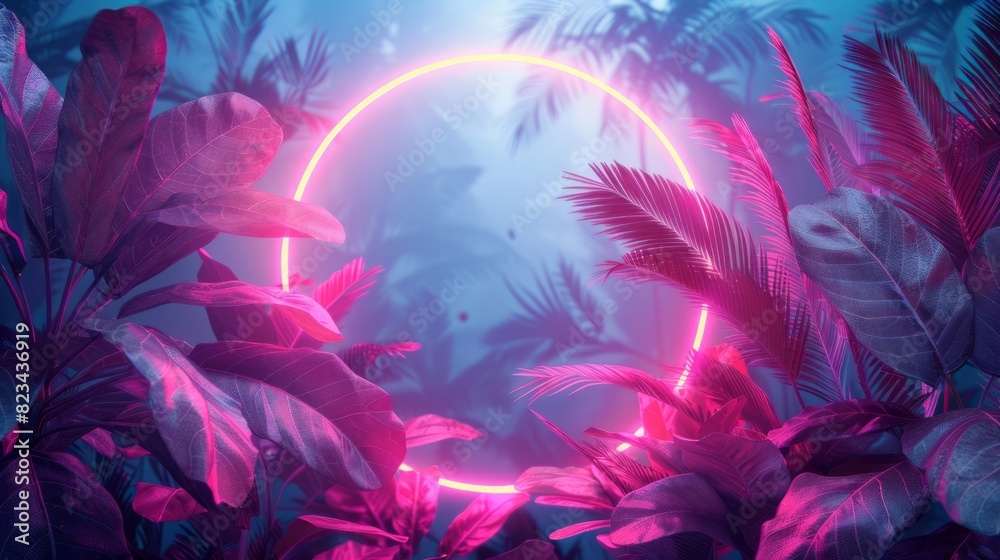 Obraz premium Neon round frame with tropical leaves and plants. Neon circle frame